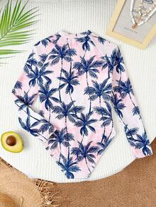 SHEIN Tween Girl One-Piece Long Sleeve Swimsuit With Zipper Design, Palm Tree Print, Beach & Resort Wear Summer Vacation Thermal Christmas Holiday Festival New Years Valentines Swim Girls Long Sleeve One Piece Swimsuit  Tween Long Sleeve Swimsuit Teen Girl Swim Rash Guard Shien Tween Girl Coconut Tree Swimsuit Swimsuit With Palm Trees Long Sleeve Bathing Suit - Multicolor - View 3