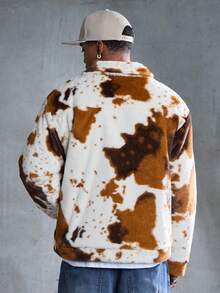 ROMWE MEN Street Life Men's Cow Print Plush Fabric Turndown Collar Jacket - Coffee Brown - View 3