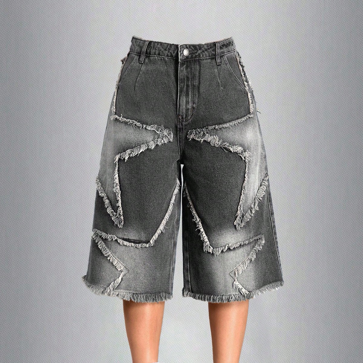 Pantalones cortos vaqueros de tiro bajo estilo capri de novio con estampado de estrellas Y2K para adolescentes, casuales y de moda para uso diario, es