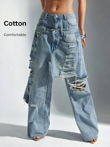 Denimoi Baggy Fit Distressed Frayed Hem Overlapping Denim Jeans - Light Wash - View 2