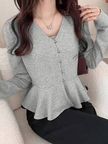 FRIFUL Women's V-Neck Ruffle Hem Solid Color Casual T-Shirt - Grey - View 1