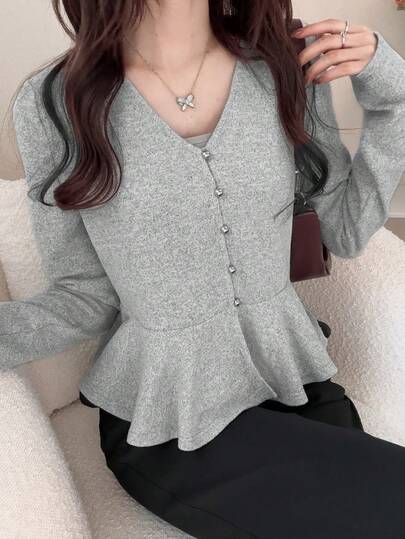 FRIFUL Women's V-Neck Ruffle Hem Solid Color Casual T-Shirt