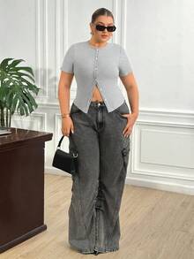 Truni Fall Clothes For Women,WinterPlus Size Solid Color Minimalist Casual Round Neck Short Sleeve T-Shirt - Grey - View 9