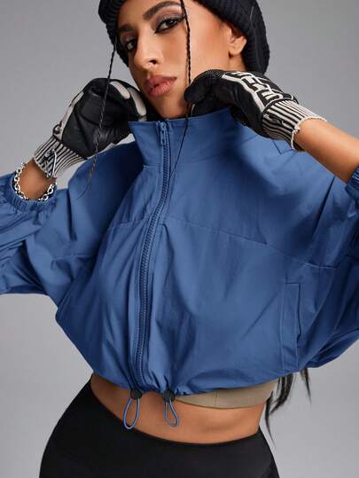 Innovista Chaqueta deportiva holgada y suelta para mujer, chaqueta de entrenamiento con cremallera corta, ropa deportiva para fitness, correr, actividades diarias, oficina, brunch, gimnasio, ejercicio, ciclismo, al aire libre, estilo urbano y relajado, lista para virales de y , en color gris y azul, equipo de rendimiento minimalista.