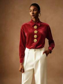 Vesra Camisa de mujer elegante de terciopelo con botones dorados - Rojo - Ver 4