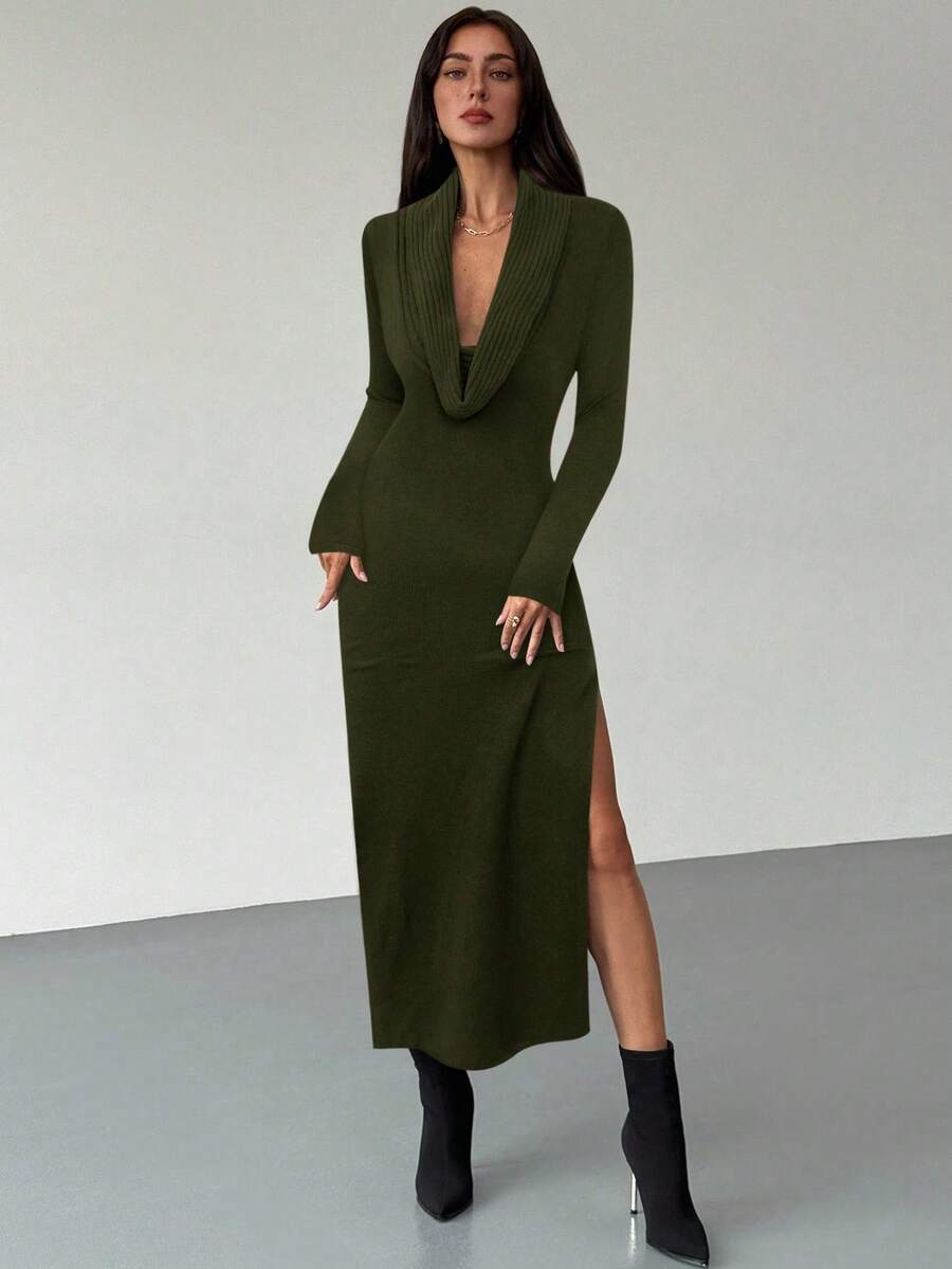 Aloruh Autumn/Winter Minimalist Turtleneck Long Sleeve Bodycon High Slit Knit Sweater Dress, Versatile For Daily Wear - Army Green - View 1