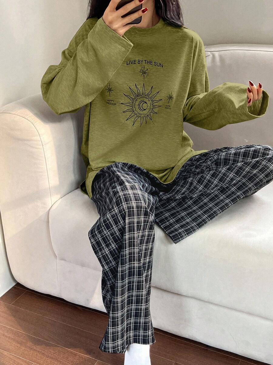 DAZY 两件套女士宽松舒适印花长袖格子睡衣套装 - 軍綠色 - 查看 1