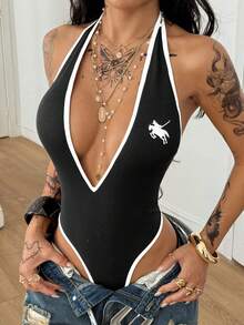 Coolane Women's Winter Clothes Going Out Vacation Outfits Streetwear Stretchy Deep V-Neck Halter Backless Bodysuit Jumpsuits