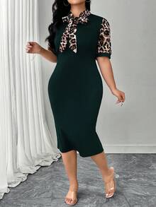 SHEIN Clasi 大码女式针织纯色豹纹拼接紧身迷你连衣裙 - 彩色 - 查看 5