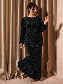 Cravure Plus Size Women's Glossy Gold Thread Slim Long Elegant Dress Plus Size Evening Gowns Royal Blue Elegant Dress Women Curve Formal Evening Gown Luxury Dress For Women Curve Blue Dress Vestidos Elegantes Para Fiesta  Vestido De Festa  Rave Outfits For Women Leopard Print Leopard Print Dress Sparkly Dress Elegant Dresses For Women  Vestido Azul  Party Dress فستان عيد Festival Outfits Women - Black - View 8