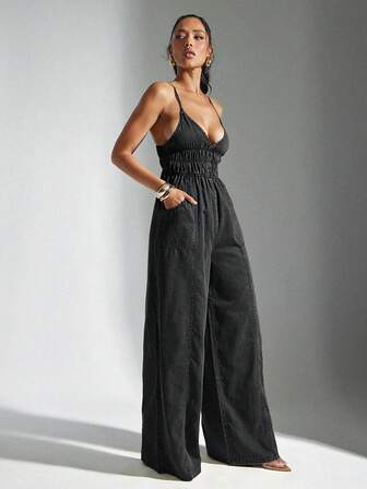 Denimoi Damklänning med djup V-ringning och rynkad midja, sexig och lös jumpsuit i enfärgad färg