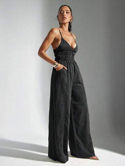 Denimoi 女式纯色深V领褶饰腰部性感宽腿宽松连体裤