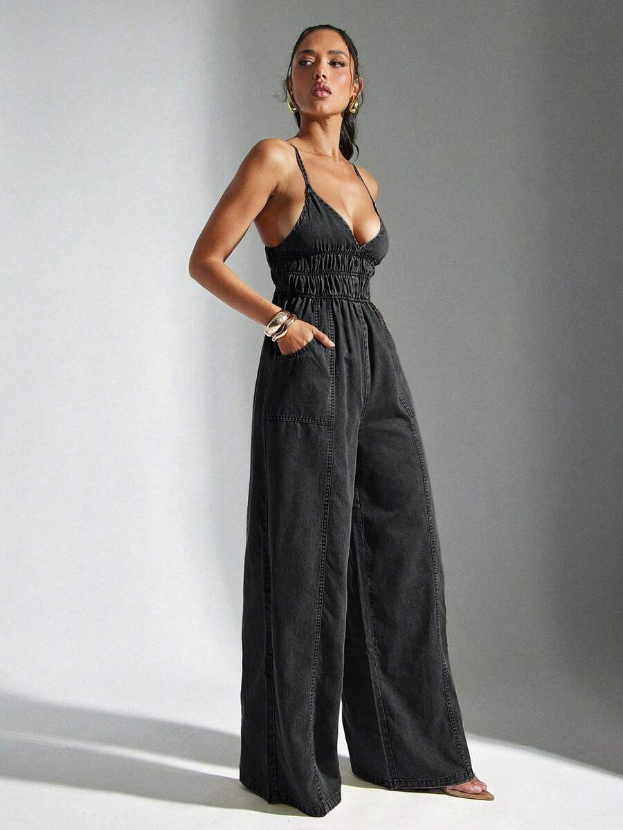 Denimoi 女式纯色深V领褶饰腰部性感宽腿宽松连体裤 - 深灰色 - 查看 1