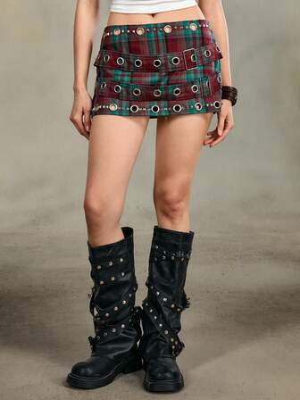 Grunge Punk Minifalda ajustada de cuadros con talle ultra bajo y estilo retro sexy