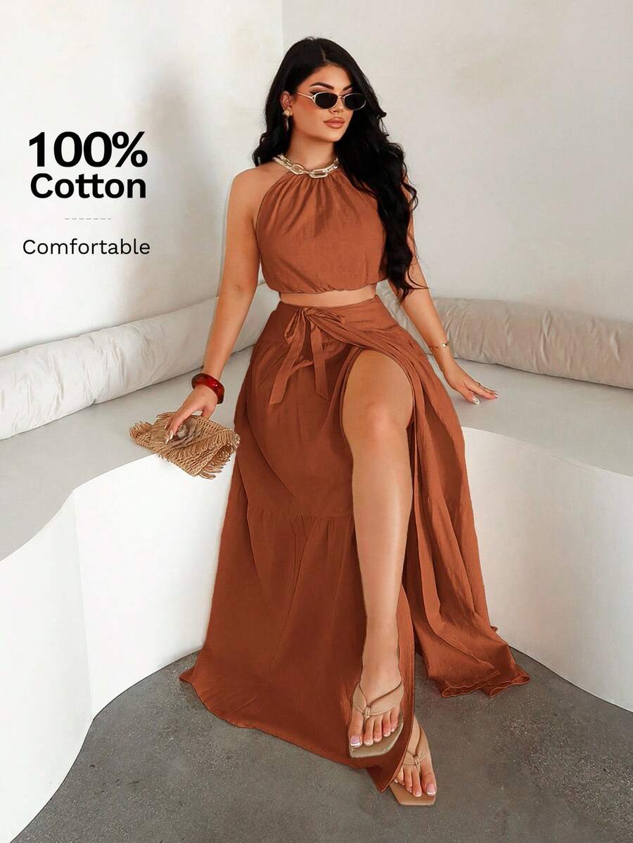 SHEIN SXY Conjunto de 2 piezas de top halter sexy y falda midi con volantes - Óxido marrón - Ver 1