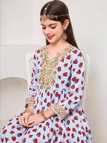 SHEIN Tween Girl Light Blue Floral Autumn Elegant Tea Party Maxi Dress, Woven Ditsy V-Neck Gold Embroidered Ribbon Ruffle Hem 3/4 Sleeve Cinched Waist Boho Gown - Baby Blue - View 4