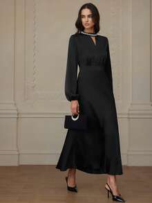 Revavyn Đầm dài tay dài kiểu Pháp thanh lịch, sang trọng, màu trơn, đính cườm ở eo. - màu đen - Xem 3