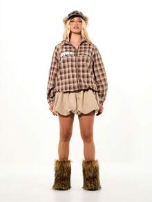 SUMWON WOMEN Plaid Zip Up Bomber Jacket With Pom Pom Hat Streetwear Fall Winter Casual Outerwear Cropped Style - Multicolor - View 3