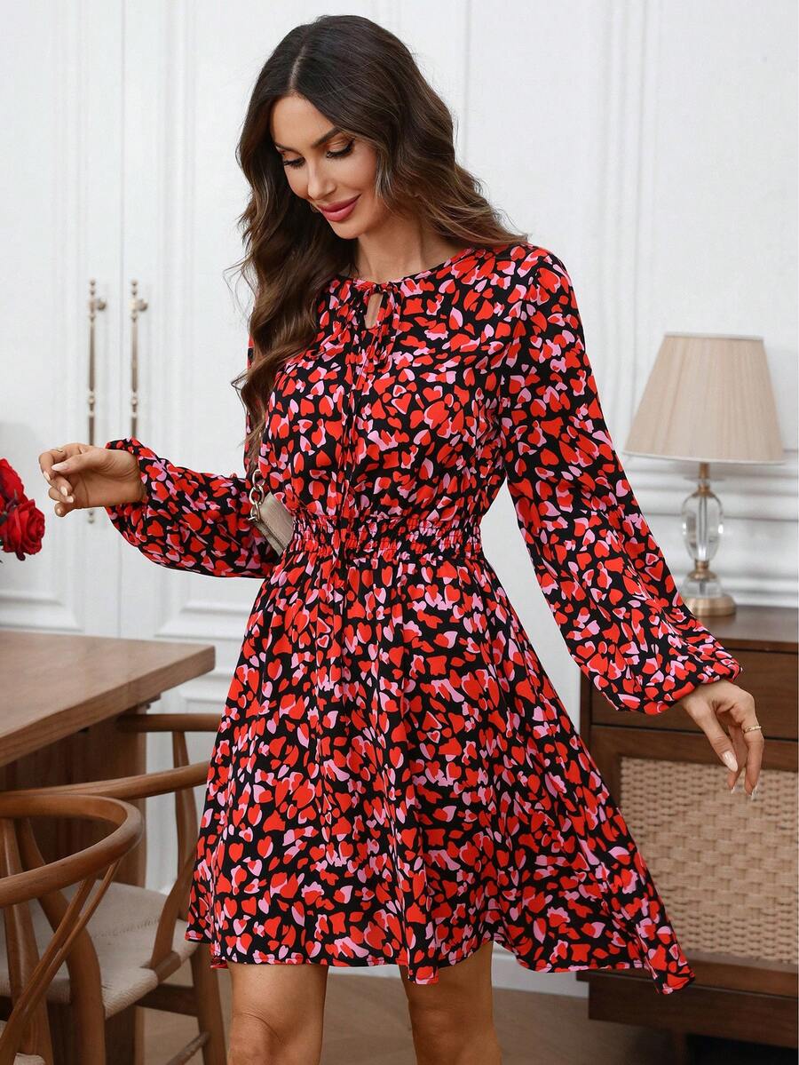 EMERY ROSE Women's Casual Vacation Style Allover Print Knot Cutout Neck Lantern Sleeve Cinched Waist Short Dress, Spring/Autumn Red Dresses For Women  Valentine's Day - Multicolor - View 1