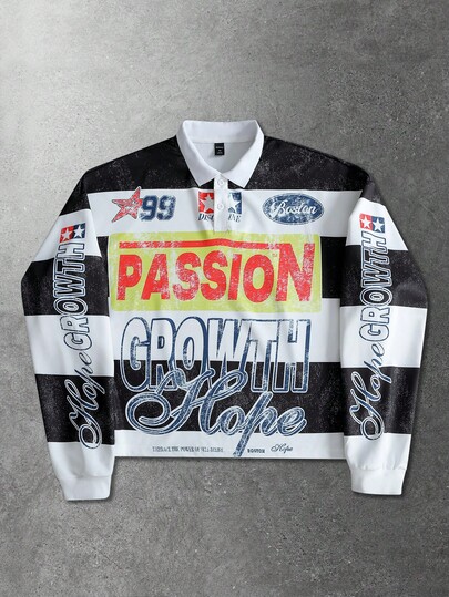 Street Life Maglietta polo a maniche lunghe casual a righe con mezza chiusura lampo, comoda e sportiva, da uomo