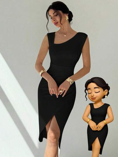 Firerie Women's Solid Color Asymmetric Neck Pleated Sleeveless Split Waist Slim Fit Mid-Length Dress, Modest, Suitable For Fall, Business Casual, Old Money Style, Country Outfits, Going Out, Travel, Back To School All White Dresses Wedding Guest Dresses, Suitable For Valentine's Day, Vacation, Commute, Daily Wear With Slit Cocktail Dress Black Dress With Slit