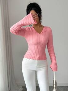 SHEIN Elenzya 女士优雅复古斯德哥尔摩风格高领喇叭袖修身毛衣，适合休闲约会、工作、感恩节、派对、办公室穿着。 - 粉色 - 查看 4