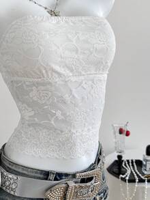 SHEIN EZwear Lace Strapless Top For Women - White - View 6