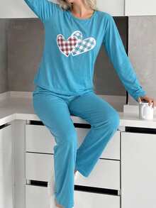 EURMUSE Set de pijama de 2 piezas con camisa de manga larga con estampado de corazón y detalles a cuadros + pantalones, 100% algodón - Azul - Ver 4