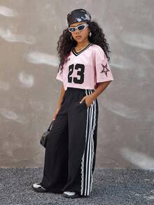 Coolane Kids Tween Girls Blush Pink Summer Streetwear School Back-To-School V-Neck Mesh Fabric Letter & Number Print Loose Cropped T-Shirt,Cute Fashionable Jersey - Pink - View 2