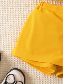 SHEIN 3件套女婴玫红色碎花上衣配斜挎包，可爱优雅印花休闲套装，春夏款 - 黃色 - 查看 7