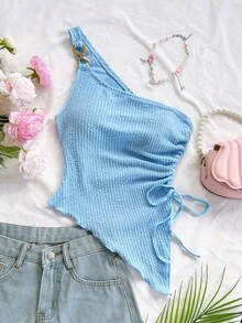 Soleia Áo ba lỗ dệt kim Jacquard họa tiết một bên vai bó sát, xẻ tà, dây rút, nhún bèo, thích hợp cho tiệc tùng, hẹn hò, ngày lễ tình nhân, lễ Phục sinh, lễ hội hóa trang, trà chiều, bãi biển, du ngoạn, giải trí thành phố - Màu xanh lam - Xem 4