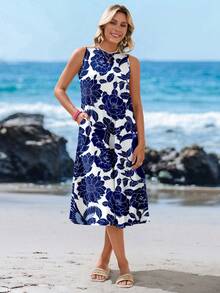 Vestido azul y blanco de estampado floral estilo midi casual, apropiado para primavera/verano para mujeres - Multicolor - Ver 6