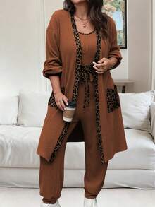 Vionelle 大码女式法式休闲优雅豹纹拼接两件套，秋冬款 - 鏽棕色 - 查看 3