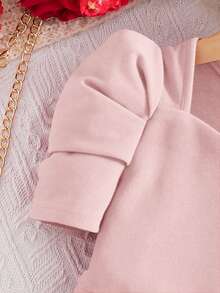 SHEIN Đầm thường ngày tay phồng màu trơn cho bé gái - Bụi hồng - Xem 4