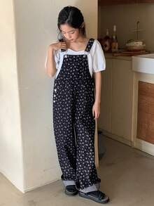 Dazy Kids Tween Girl Casual Ditsy Floral Denim Bib Overalls - Blue - View 4