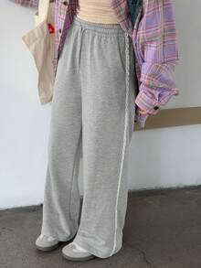 DAZY 少女针织直筒撞色蕾丝休闲裤，秋季款 - 灰色 - 查看 3