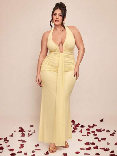 SHEIN BAE Plusstorlek elegant lång gul klänning för kvinnor, sexig alla hjärtans dag-klänning