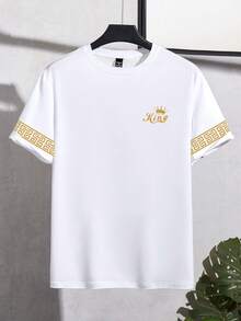 Manfinity Homme 经典百搭白色男士短袖T恤，袖口饰有金色“国王”图标花卉图案，尽显成熟酷炫街头风范 - 彩色 - 查看 3