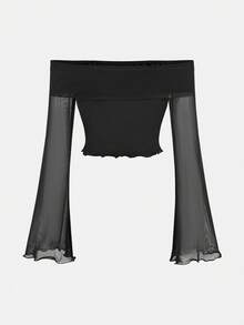 SHEIN Tween Girls' Casual Fashion Mesh Off-Shoulder Flared Long-Sleeved Crop Top With Pure Leopard Print Flared Pants 2-Piece Set, Casual And Elegant Daily Wear, Suitable For Autumn And Winter, Spring And Summer, Back To School, Cheetah Print Girls Set, 2 Piece Pants Set, Flared Leggings, Animal Print Outfit - Black - View 5