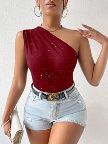 Zolique Summer New Sexy Asymmetric Shoulder Ruched Shiny Fabric Women Top, Wine Red Blouse, Oblique Shoulder Top, Holiday Top - Red - View 3