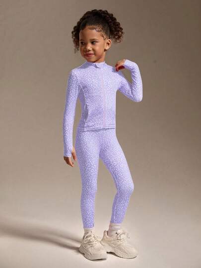 SHEIN Young Girls 2pcs Active Jacket & Leggings Set, Cute Plum Blossom Leopard Print, High Stretch Comfortable Fabric, Slim Fit, Suitable For Running, Yoga, Tennis, Badminton