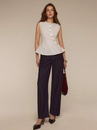 ATUI Studio เสื้อเชิ้ตแขนกุดสีพื้นแบบเฉียงสำหรับผู้หญิง เหมาะสำหรับใส่ไปทำงาน