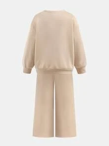 SHEIN 两件套女童字母印花加厚卫衣套装，休闲时尚日常穿着，秋季款 - 杏色 - 查看 14