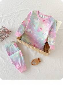 SHEIN 女婴休闲可爱卡通图案针织长袖家居服连体衣套装 - 彩色 - 查看 2