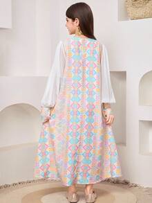 SHEIN 青少年女孩杏色 A 字版圓領長袖拼色喇叭裙 Abaya 女孩馬卡龍色洋裝 - 杏色 - 查看 10