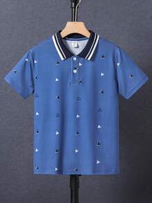 SHEIN Tween Boy Summer Casual Geometric Print & Striped Patchwork Polo Shirt - Blue - View 3