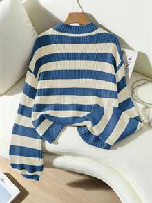 Franclia Women's Casual Everyday Commute Contrast Striped Pattern Dropped Shoulder Loose Pullover Sweater, Autumn/Winter