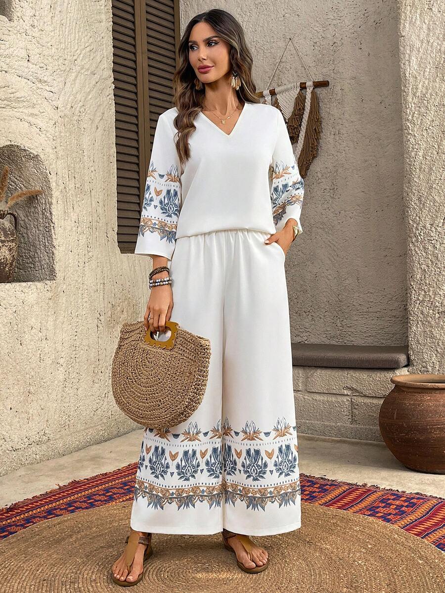 EMERY ROSE Women's V-Neck Graphic Print Top And Pants Casual Vacation 2 Pieces Set Boho Two Pieces Set Women Vacation Outfit Sets Women's 2 Pieces Summer Sets Pant Suit Summer Sets Boho For Women Vacation Outfits Women Casual - Multicolor - View 1