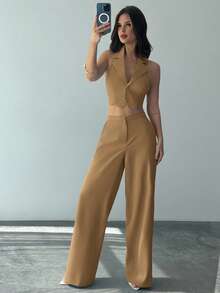 Firerie Women's Elegant Romantic Fashion Commuter Sexy Graceful Style Halter Backless Gray Blue 2-Piece Set, Suitable For Party, Beach Vacation, Back To School, Romantic Date, Wedding Season, Birthday, Easter, Spring/Summer Outfit - Khaki - View 5