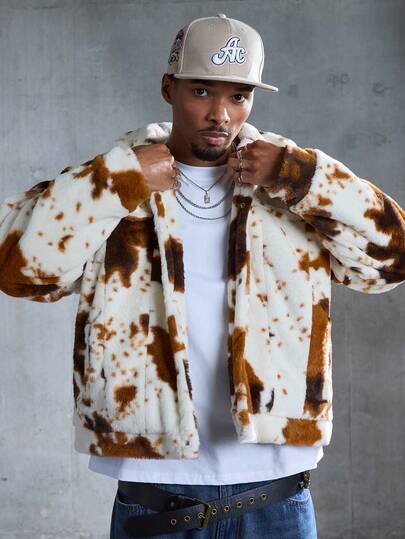 Street Life Herren Jacke aus Plüschstoff mit Kuhprint und Umlegekragen